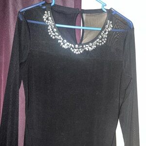 Black Long Sleeve Dress with Jeweled Neckline